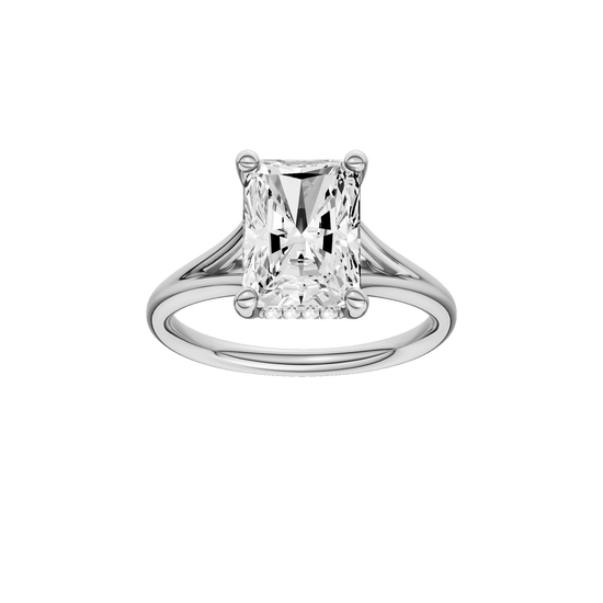 Radiant-cut diamond engagement ring with a plain band and hidden-halo setting.