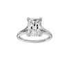 Radiant-cut diamond engagement ring with a plain band and hidden-halo setting.