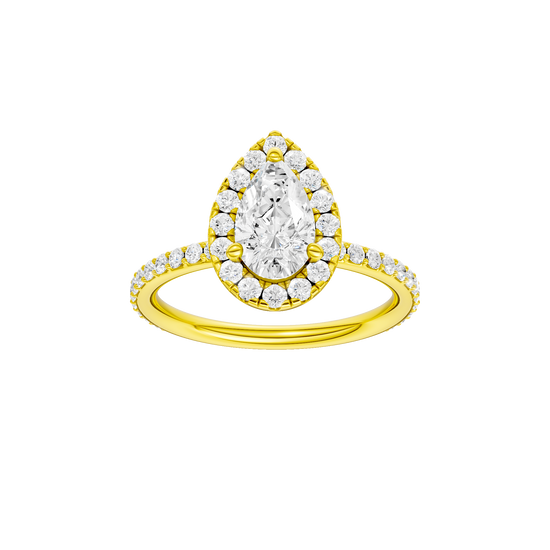 Pear-cut diamond engagement ring with a prong-set diamond band and halo setting.