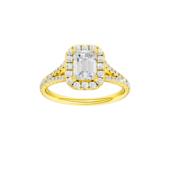Emerald-cut diamond engagement ring with a prong-set diamond band and halo setting.