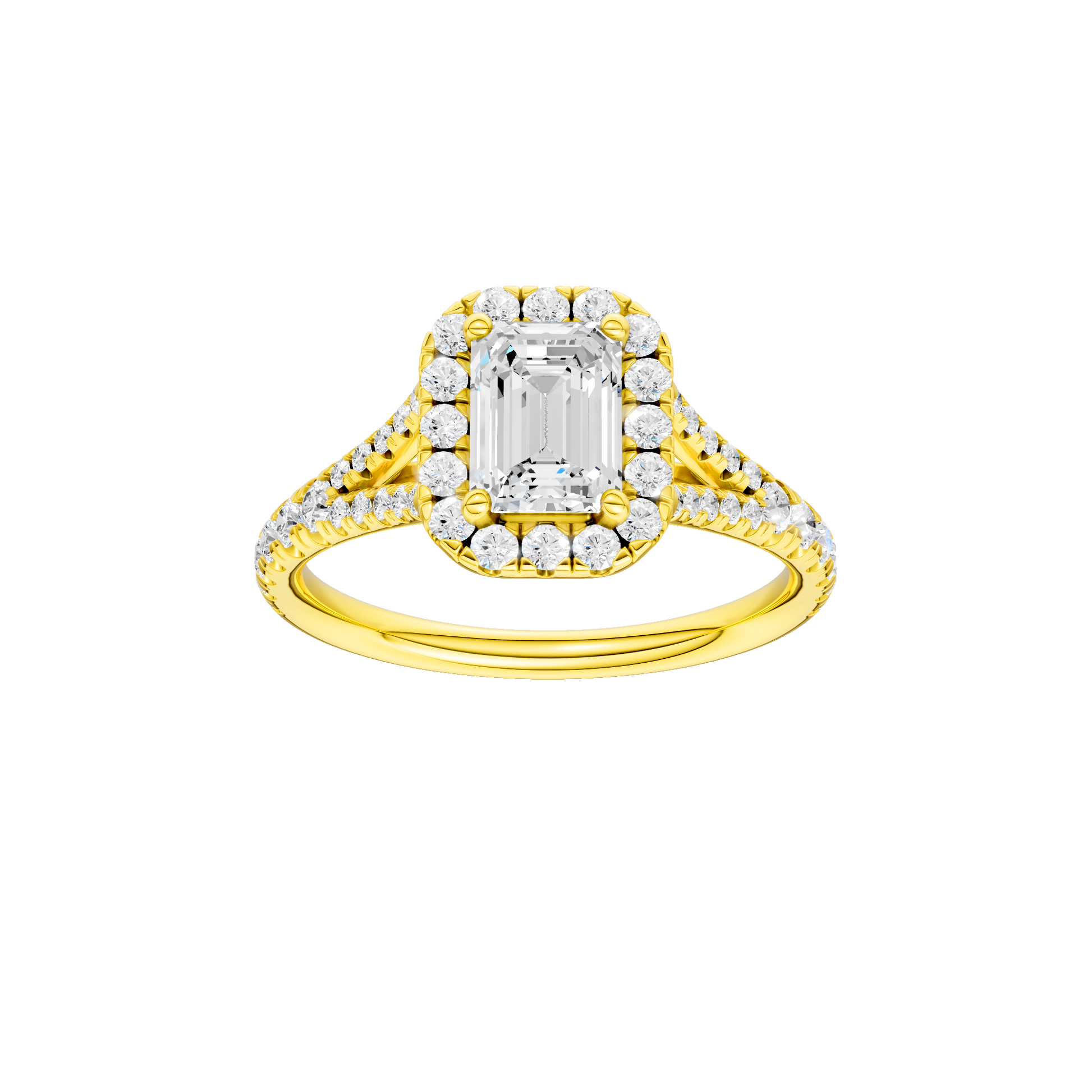Emerald-cut diamond engagement ring with a prong-set diamond band and halo setting.