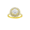 Round-cut diamond engagement ring with a prong-set diamond band and double-halo setting.