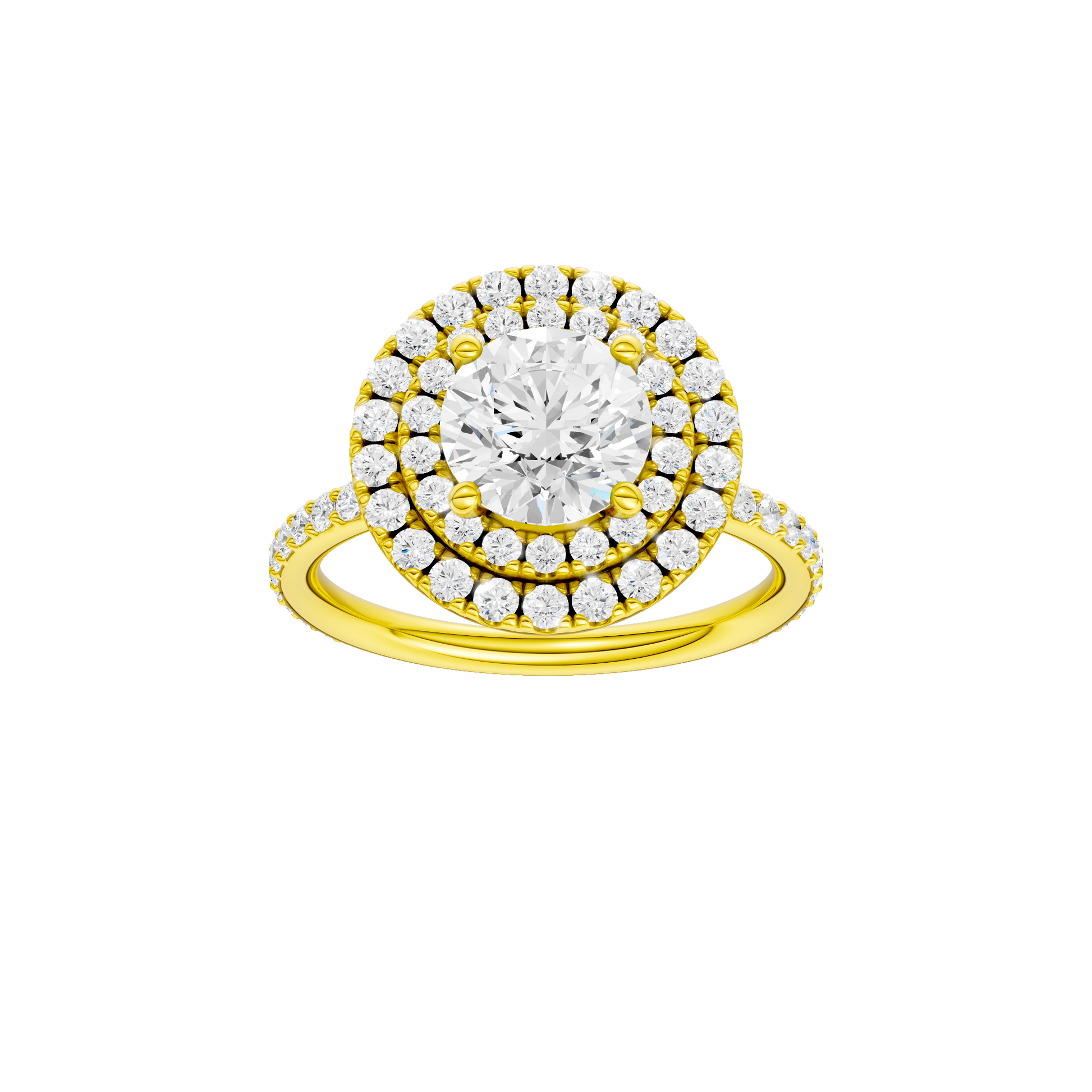 Round-cut diamond engagement ring with a prong-set diamond band and double-halo setting.