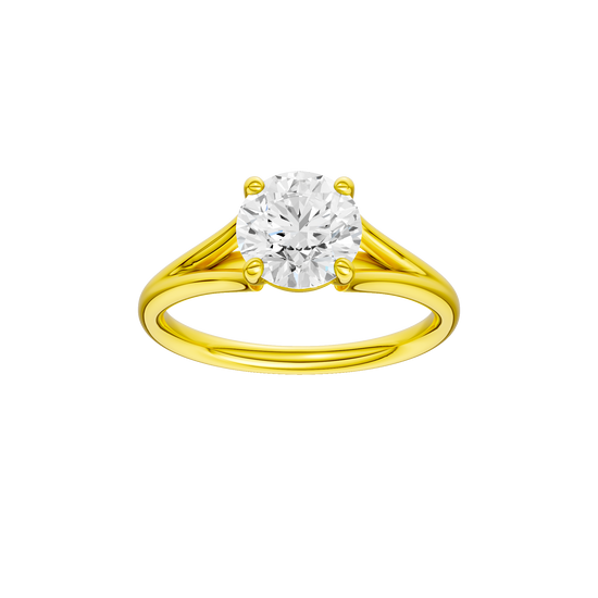Round-cut diamond engagement ring with a plain band and solitaire setting.