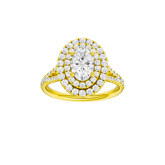 Oval-cut diamond engagement ring with a prong-set diamond band and double-halo setting.