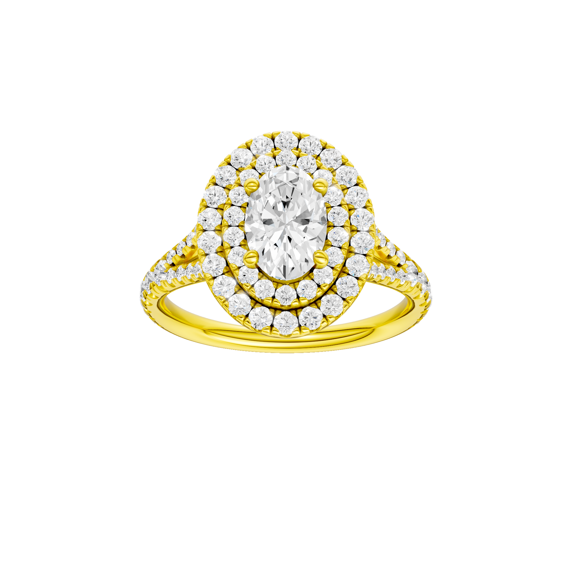 Oval-cut diamond engagement ring with a prong-set diamond band and double-halo setting.