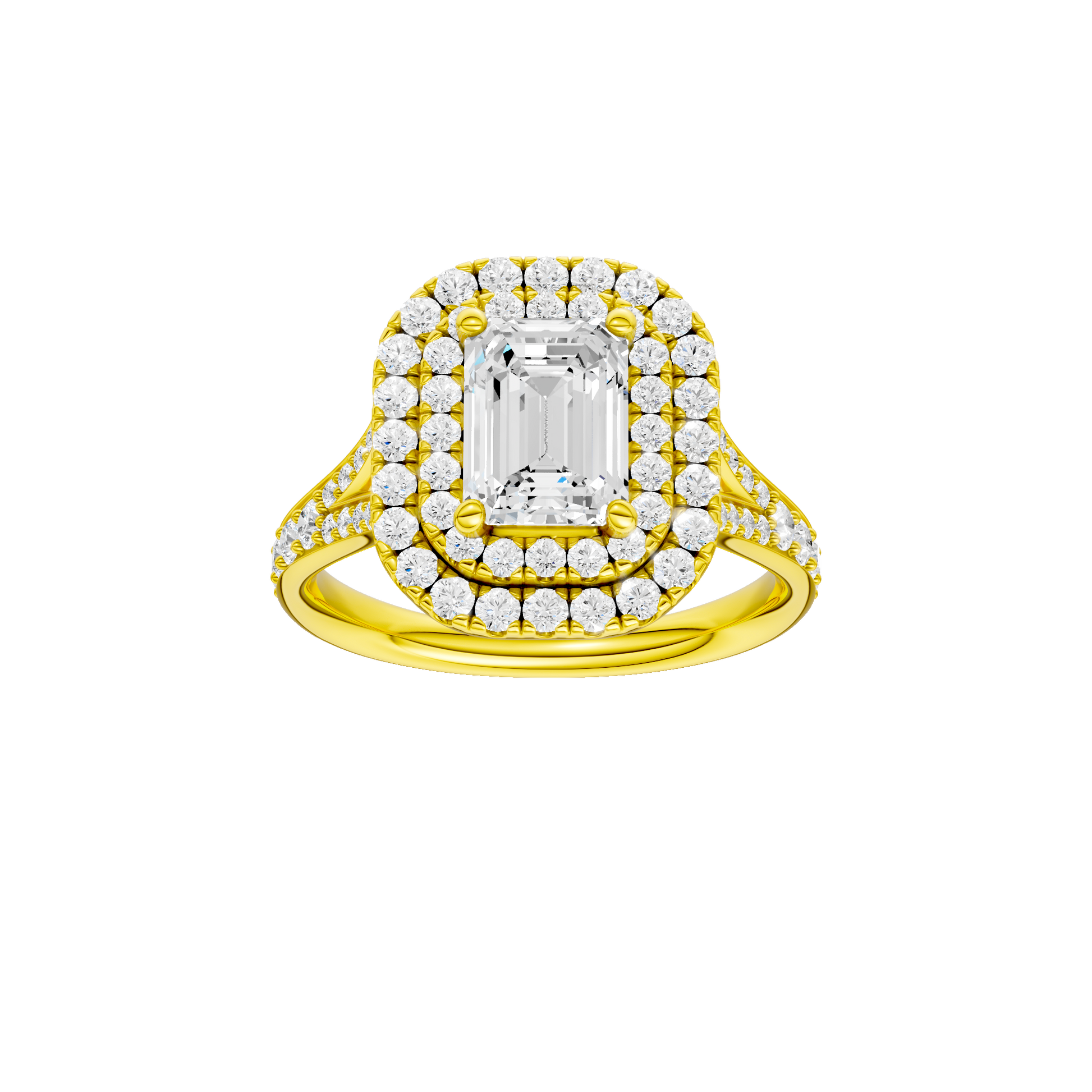 Emerald-cut diamond engagement ring with a channel-set diamond band and double-halo setting.