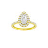 Pear-cut diamond engagement ring with a prong-set diamond band and halo setting.