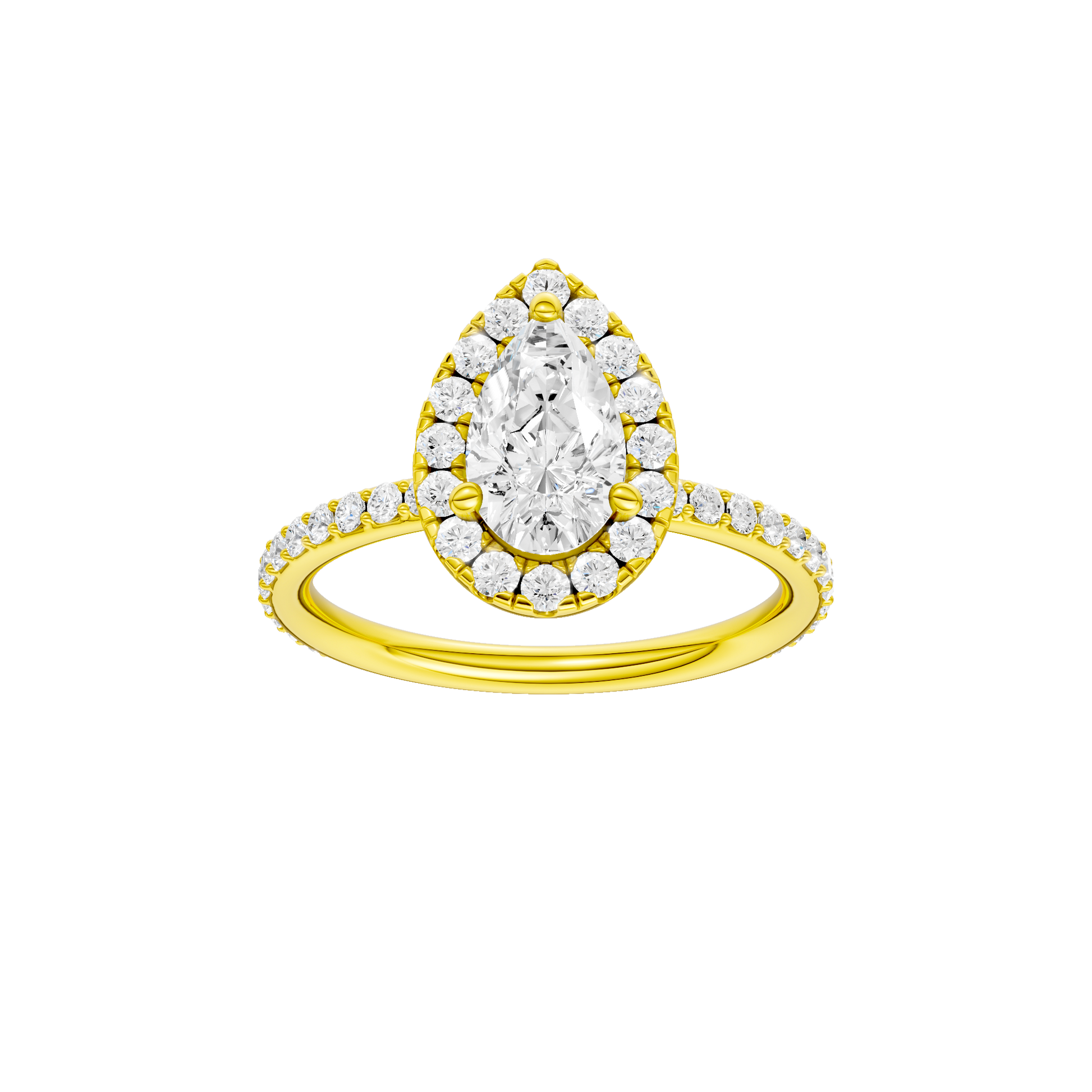 Pear-cut diamond engagement ring with a prong-set diamond band and halo setting.