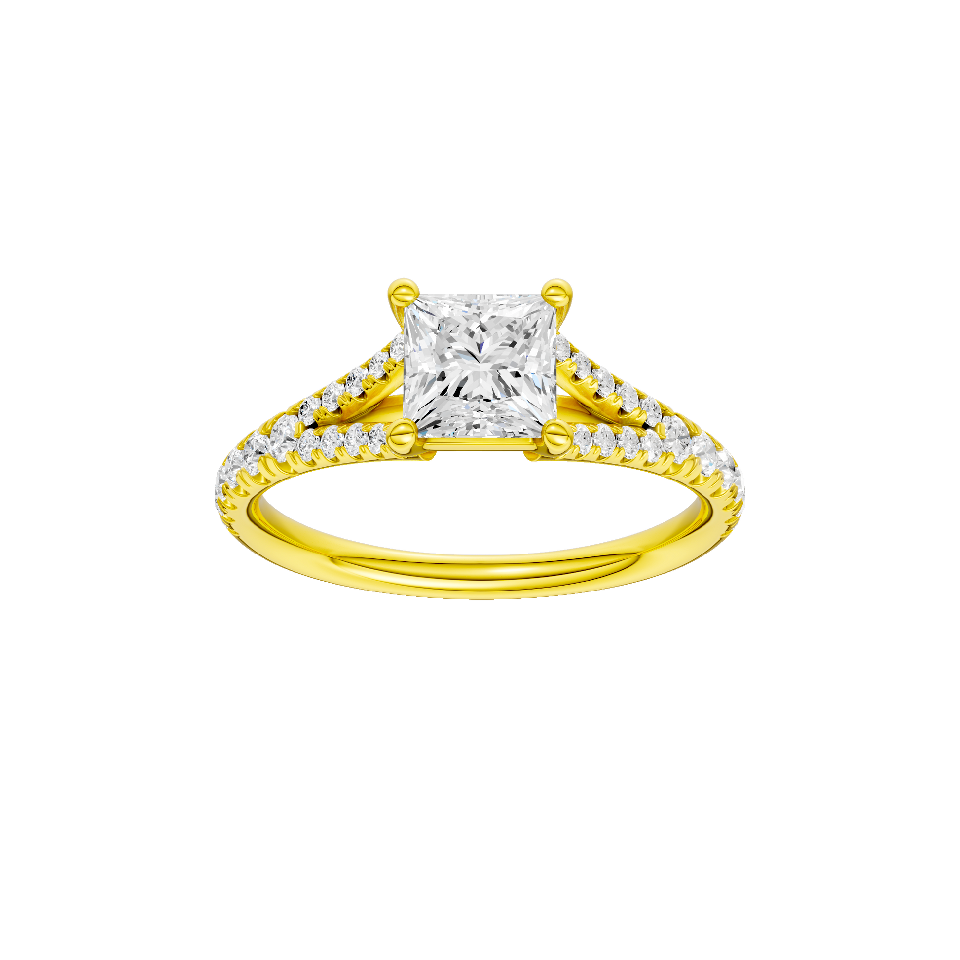 Princess-cut diamond engagement ring with a prong-set diamond band and solitaire setting.
