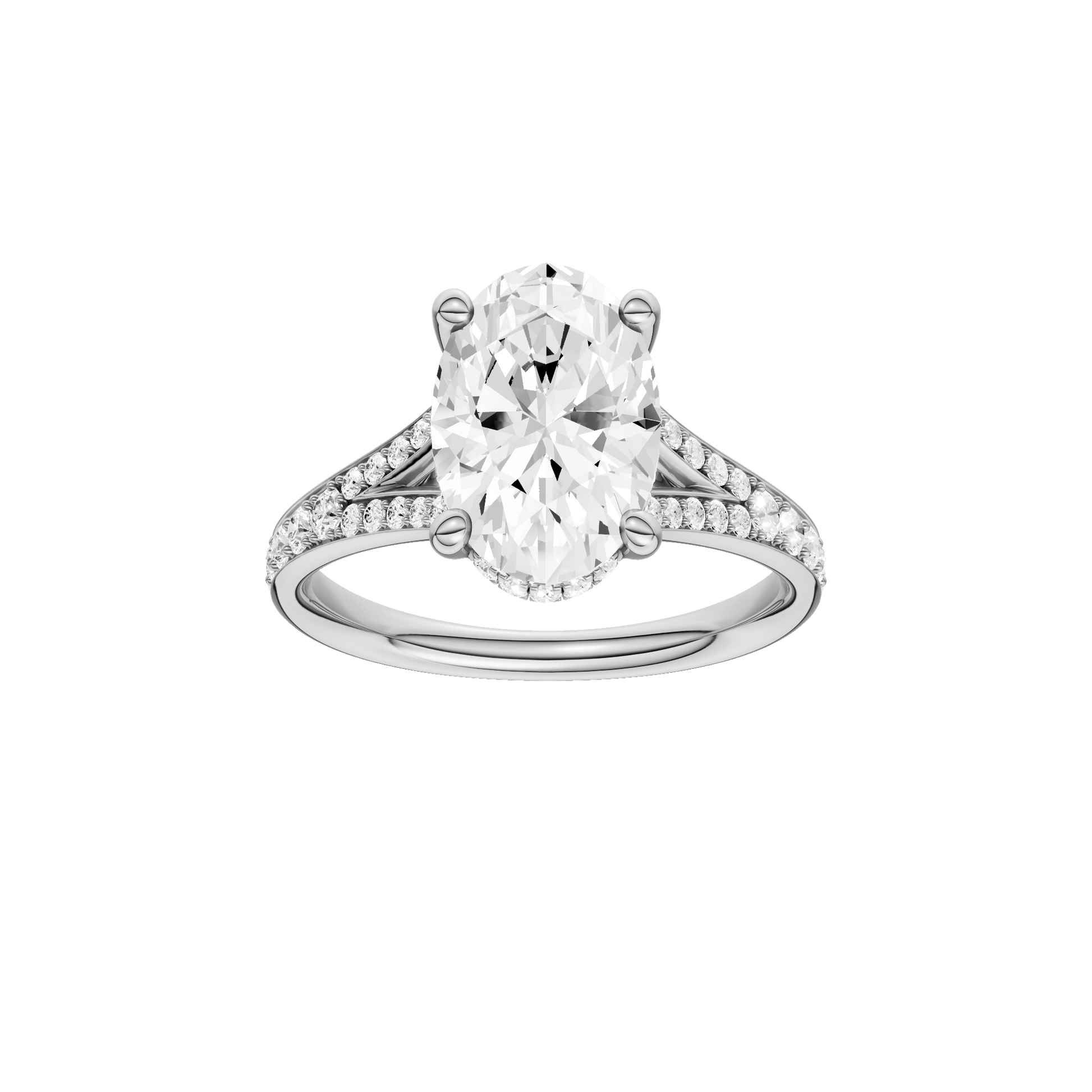 Oval-cut diamond engagement ring with a channel-set diamond band and hidden-halo setting.