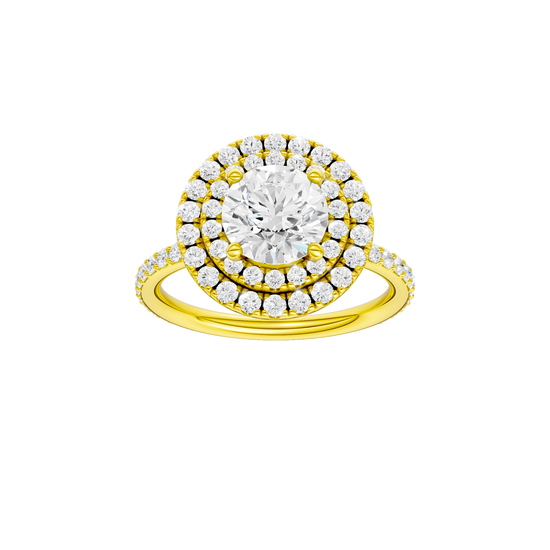 Round-cut diamond engagement ring with a prong-set diamond band and double-halo setting.