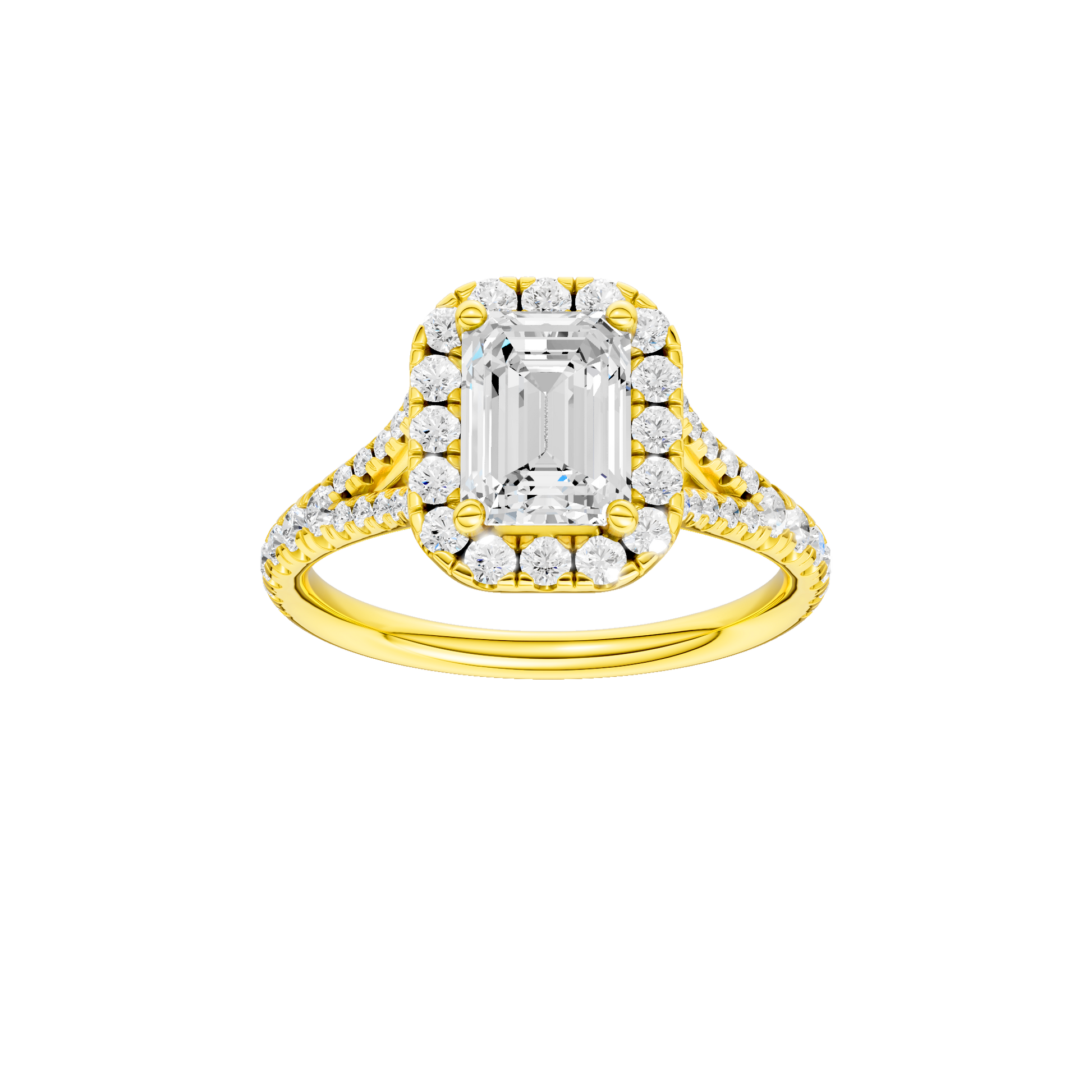 Emerald-cut diamond engagement ring with a prong-set diamond band and halo setting.