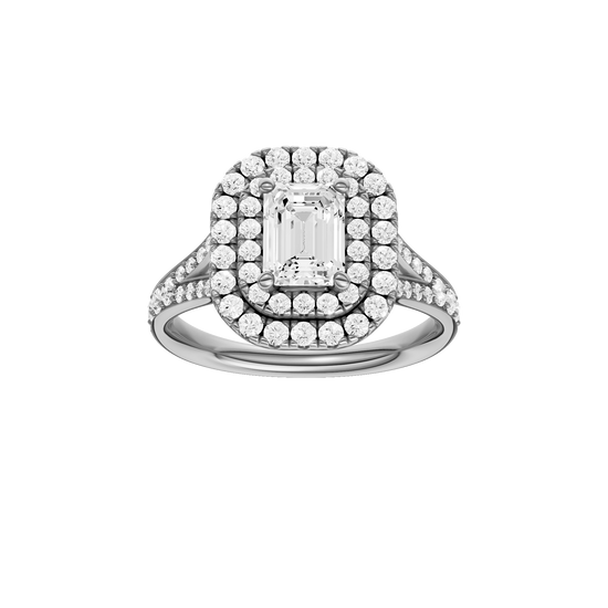 Emerald-cut diamond engagement ring with a channel-set diamond band and double-halo setting.