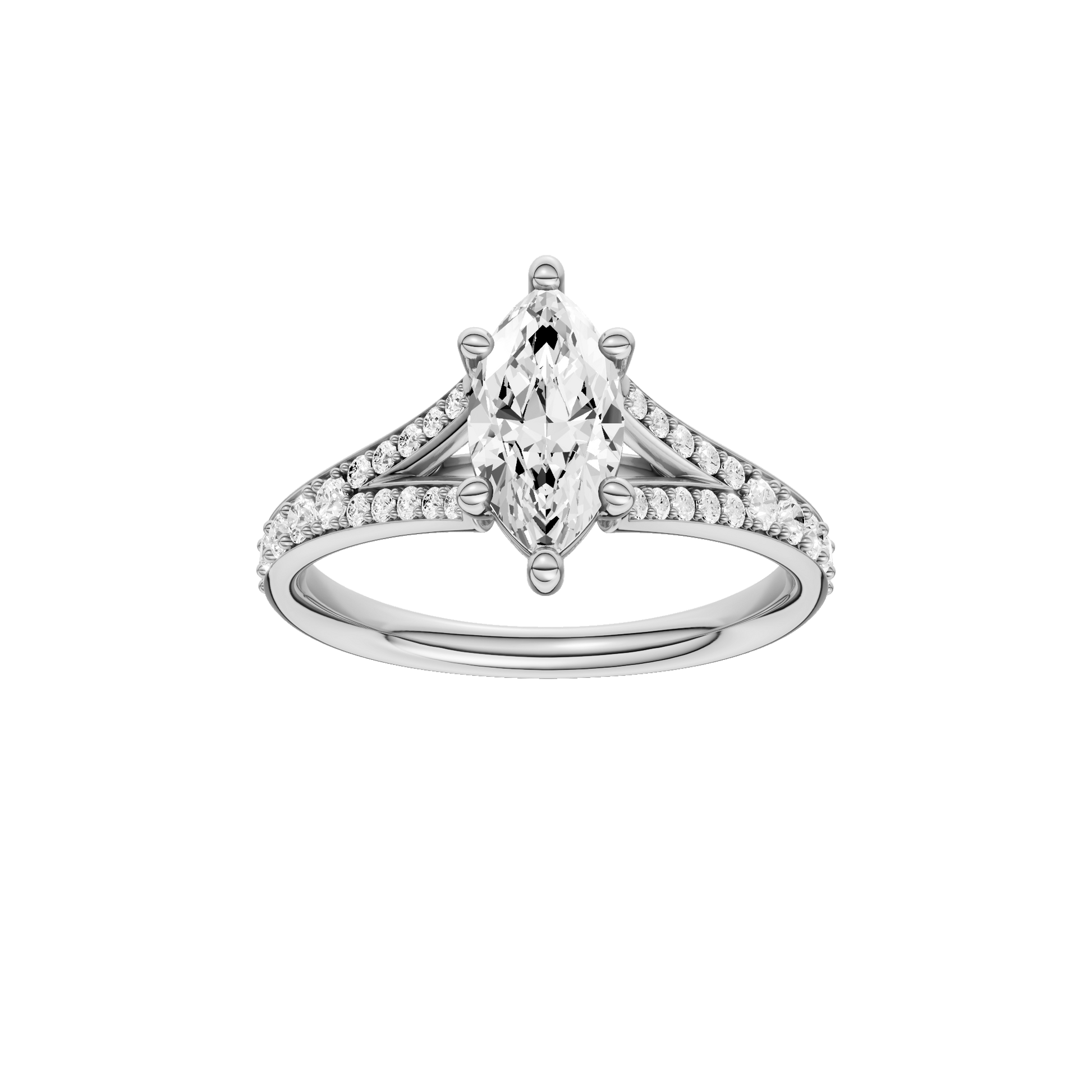 Marquise-cut diamond engagement ring with a channel-set diamond band and solitaire setting.