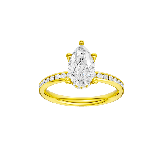 Pear-cut diamond engagement ring with a channel-set diamond band and hidden-halo setting.