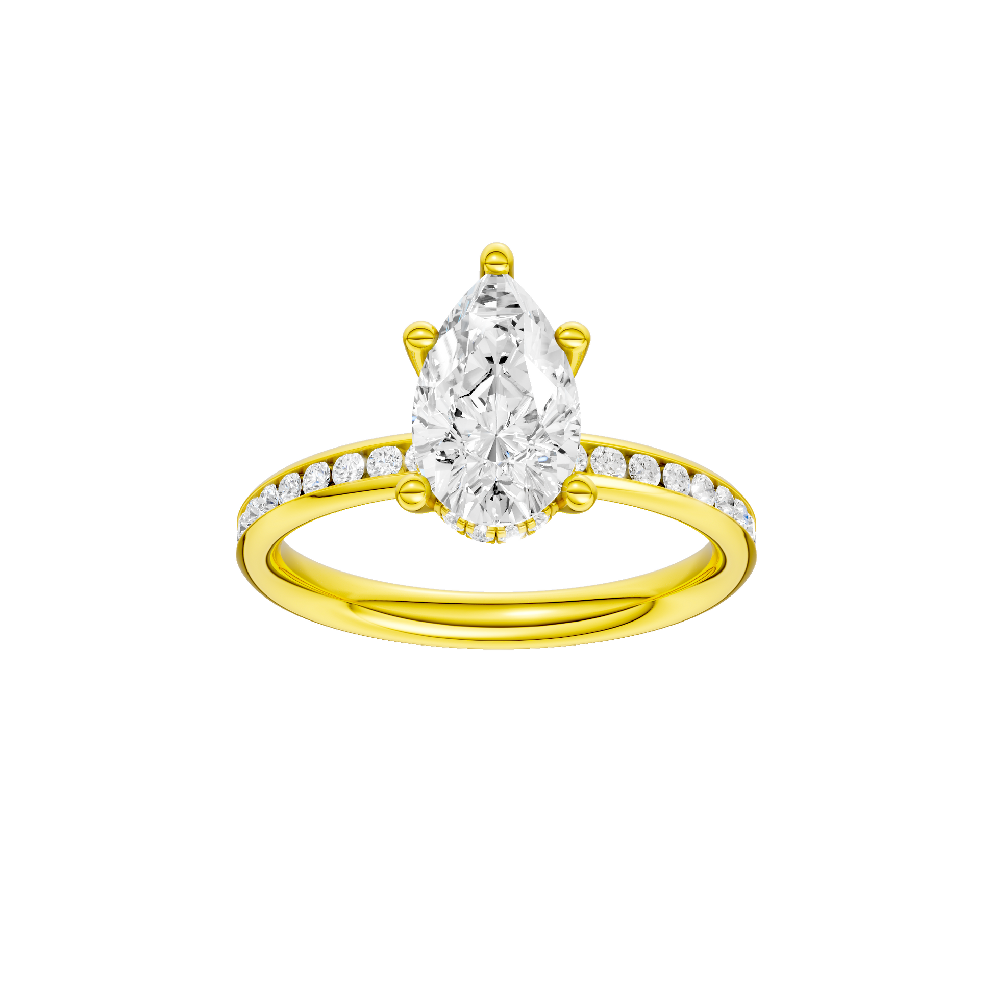 Pear-cut diamond engagement ring with a channel-set diamond band and hidden-halo setting.