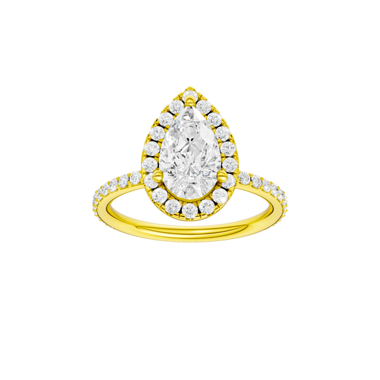 Pear-cut diamond engagement ring with a prong-set diamond band and halo setting.