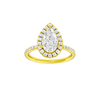 Pear-cut diamond engagement ring with a prong-set diamond band and halo setting.