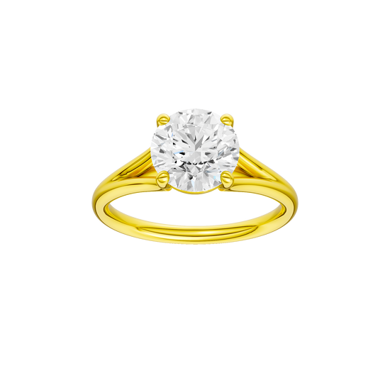 Round-cut diamond engagement ring with a plain band and solitaire setting.