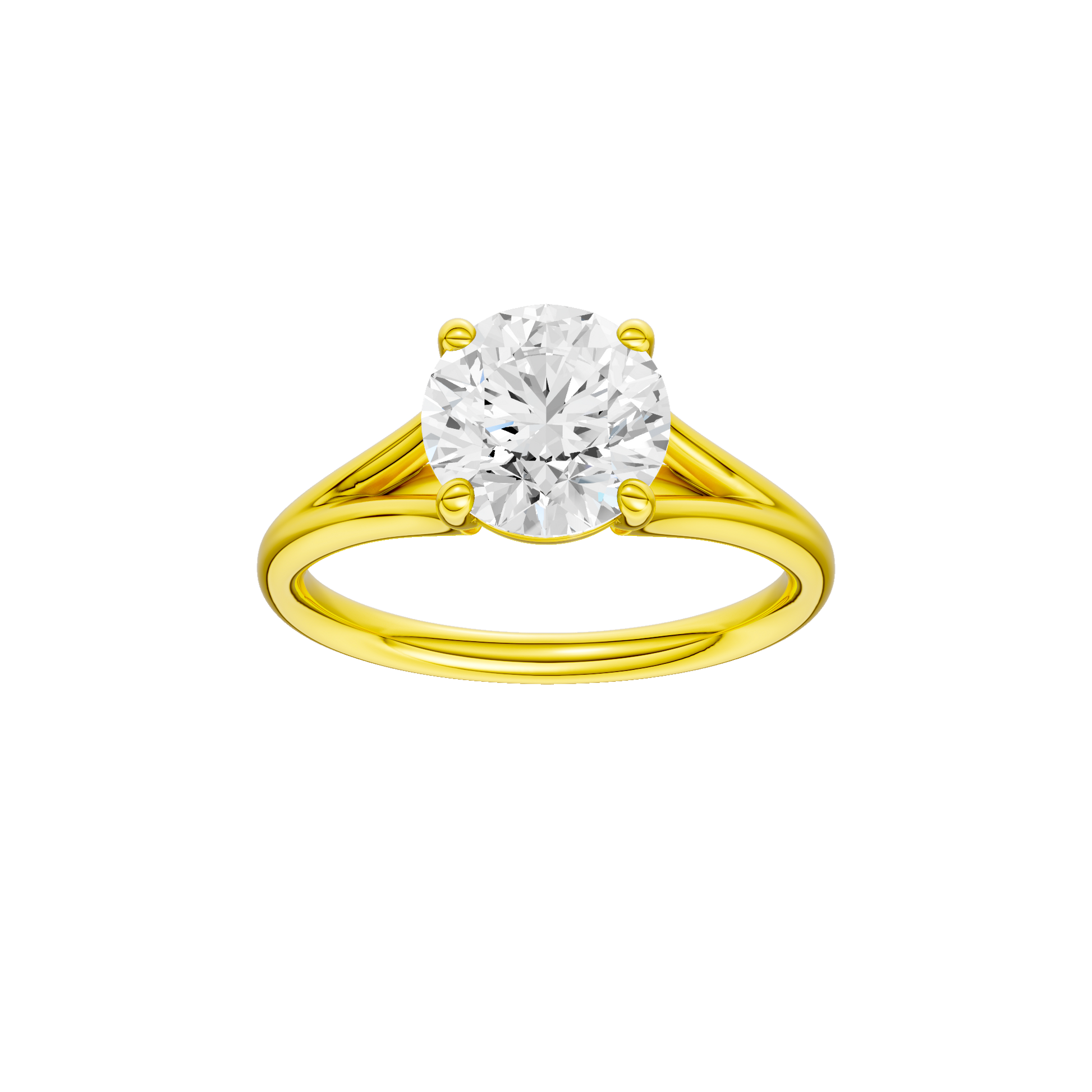 Round-cut diamond engagement ring with a plain band and solitaire setting.