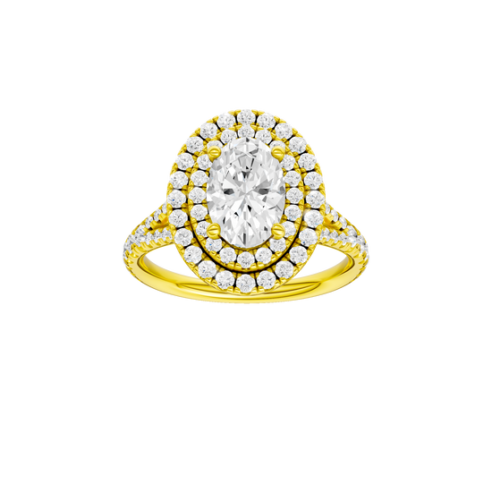 Oval-cut diamond engagement ring with a prong-set diamond band and double-halo setting.