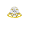 Oval-cut diamond engagement ring with a prong-set diamond band and double-halo setting.