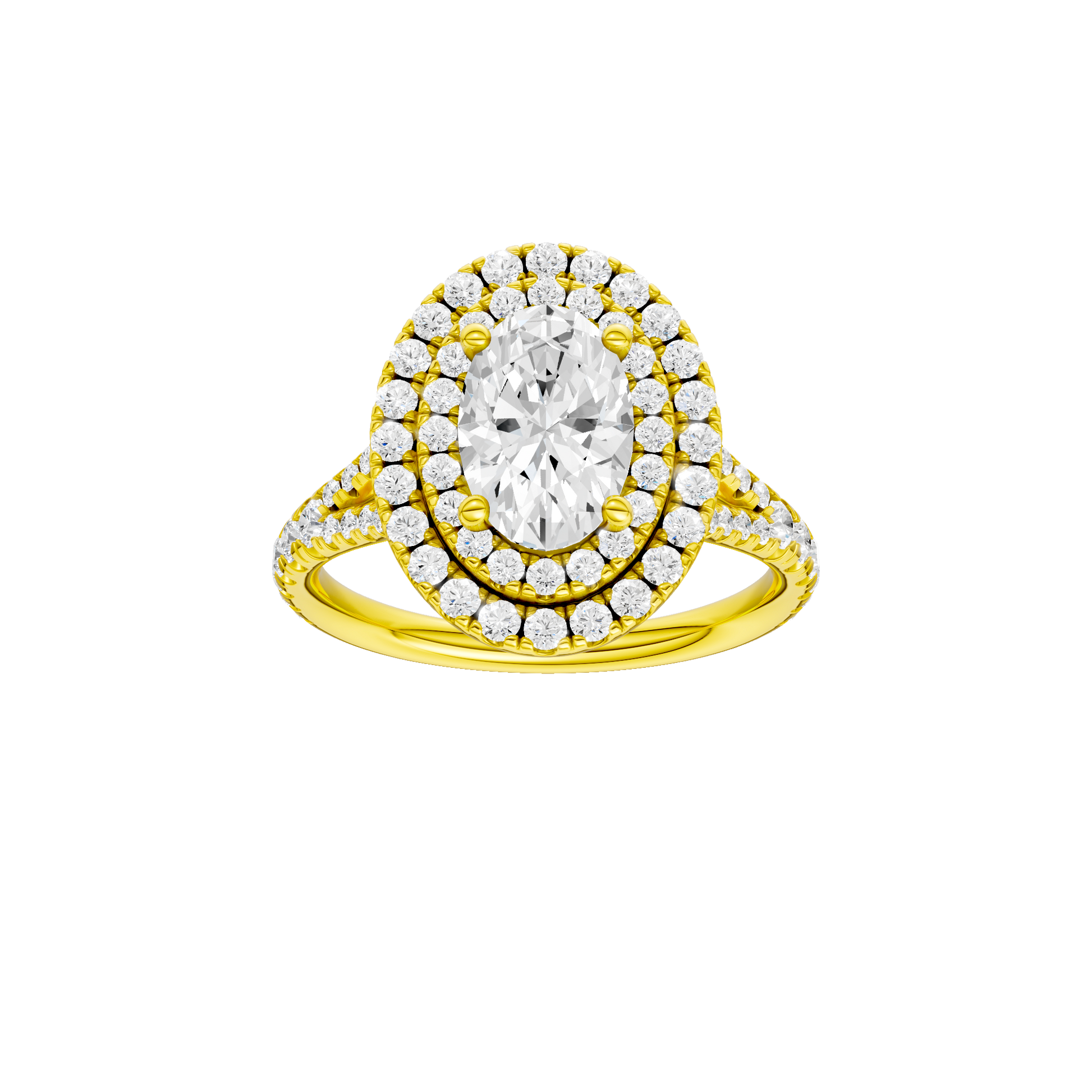 Oval-cut diamond engagement ring with a prong-set diamond band and double-halo setting.