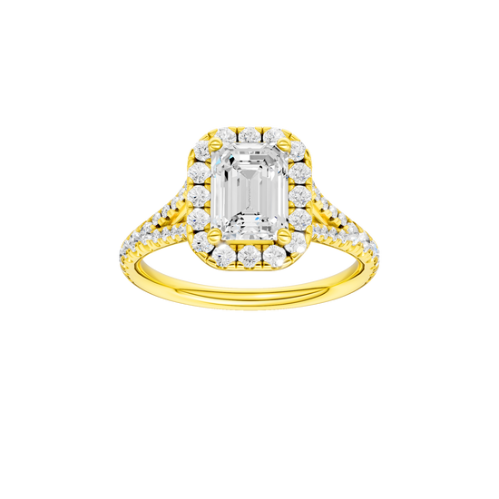 Emerald-cut diamond engagement ring with a prong-set diamond band and halo setting.