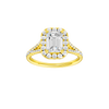 Emerald-cut diamond engagement ring with a prong-set diamond band and halo setting.