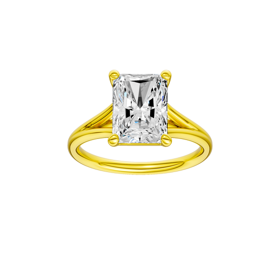 Radiant-cut diamond engagement ring with a plain band and solitaire setting.