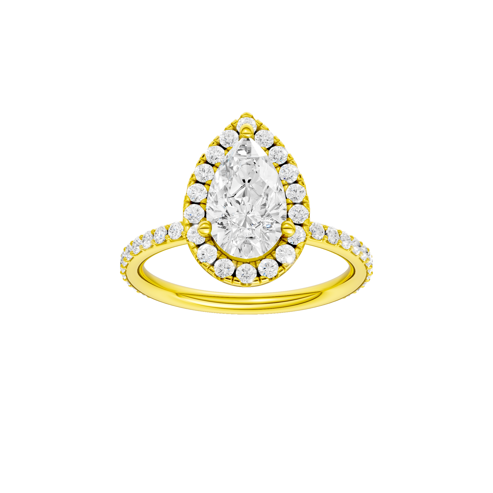 Pear-cut diamond engagement ring with a prong-set diamond band and halo setting.