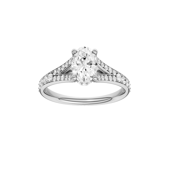 Oval-cut diamond engagement ring with a channel-set diamond band and hidden-halo setting.