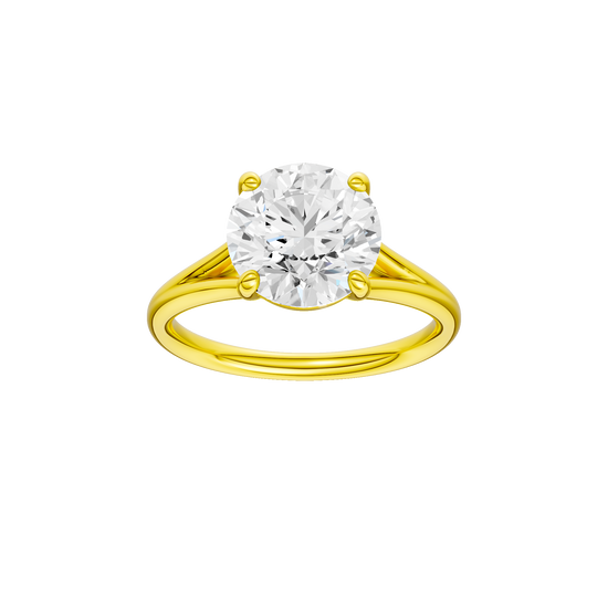 Round-cut diamond engagement ring with a plain band and solitaire setting.