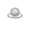 Round-cut diamond engagement ring with a prong-set diamond band and double-halo setting.