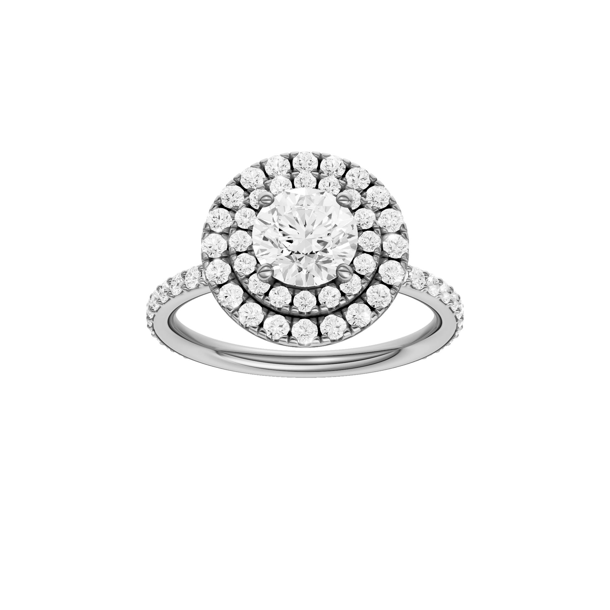 Round-cut diamond engagement ring with a prong-set diamond band and double-halo setting.