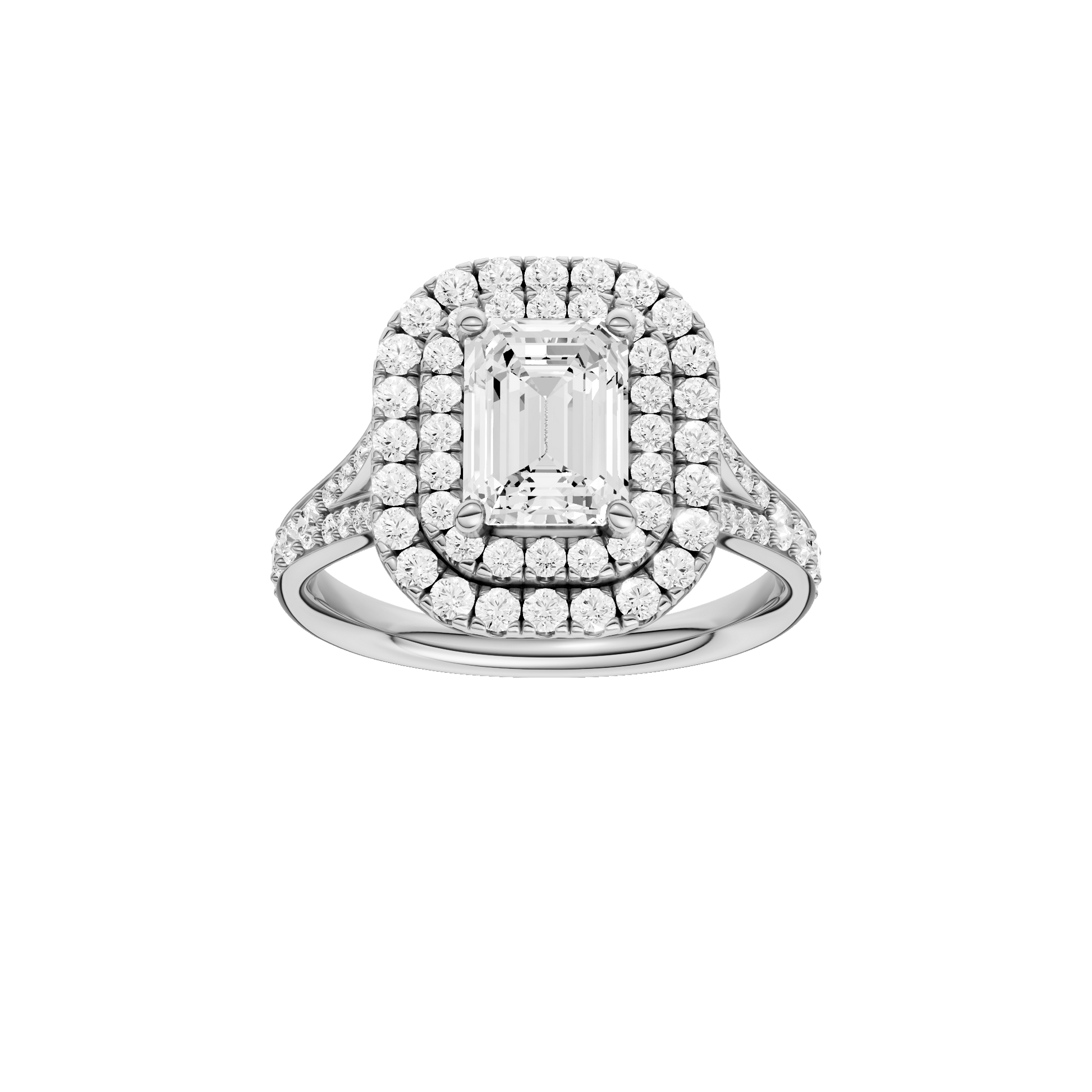 Emerald-cut diamond engagement ring with a channel-set diamond band and double-halo setting.