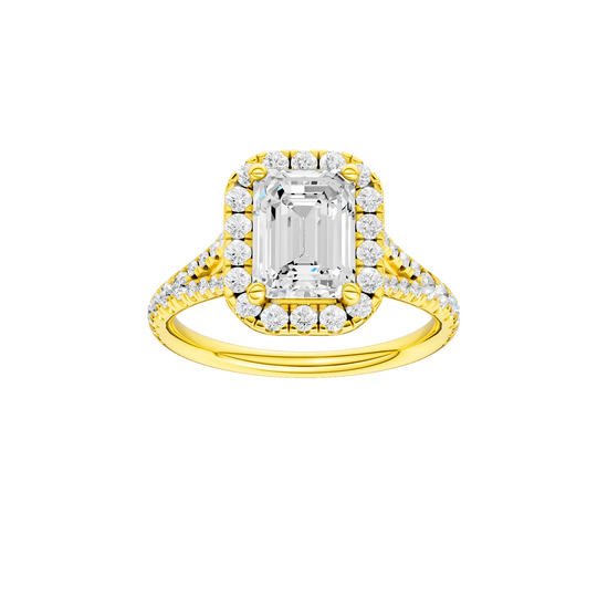 Emerald-cut diamond engagement ring with a prong-set diamond band and halo setting.