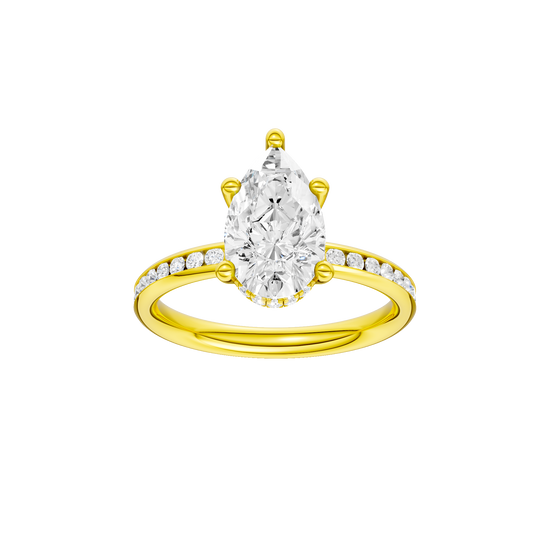 Pear-cut diamond engagement ring with a channel-set diamond band and hidden-halo setting.
