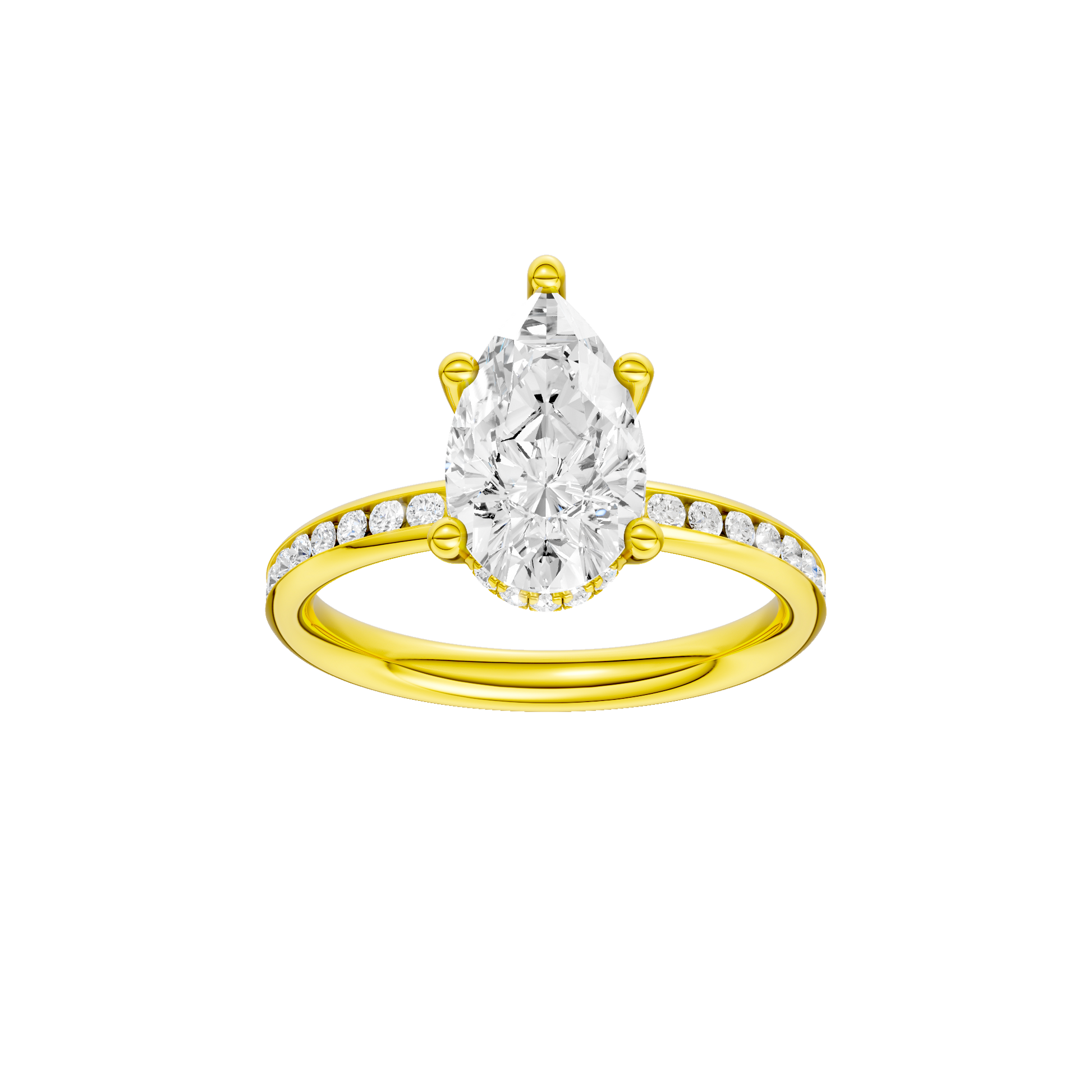 Pear-cut diamond engagement ring with a channel-set diamond band and hidden-halo setting.