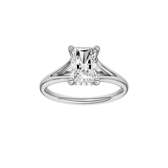 Radiant-cut diamond engagement ring with a plain band and hidden-halo setting.