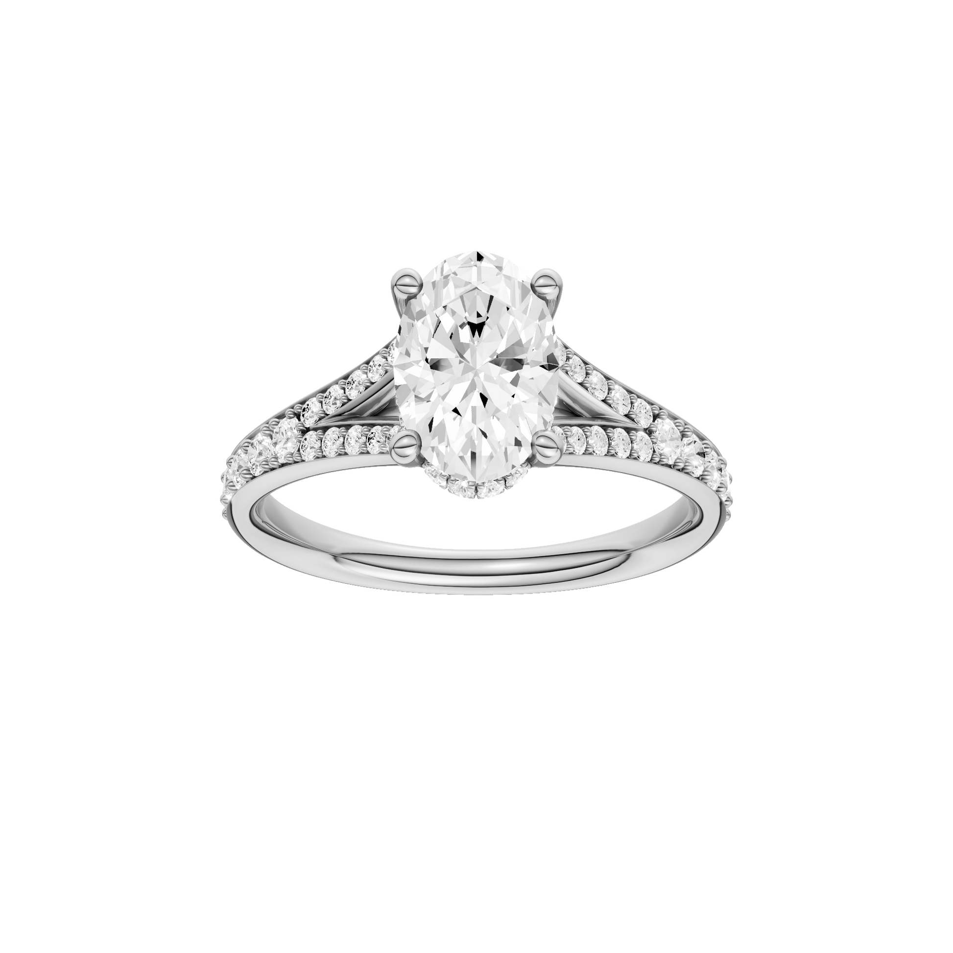Oval-cut diamond engagement ring with a channel-set diamond band and hidden-halo setting.
