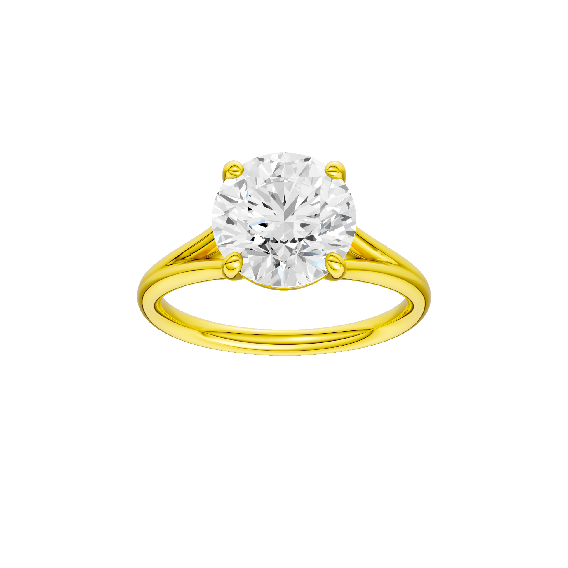 Round-cut diamond engagement ring with a plain band and solitaire setting.