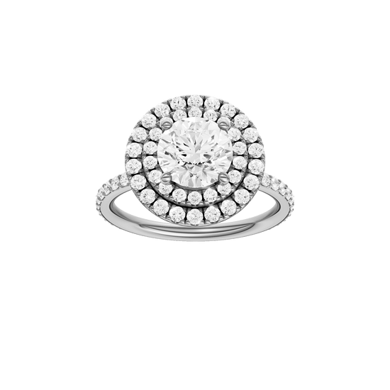 Round-cut diamond engagement ring with a prong-set diamond band and double-halo setting.