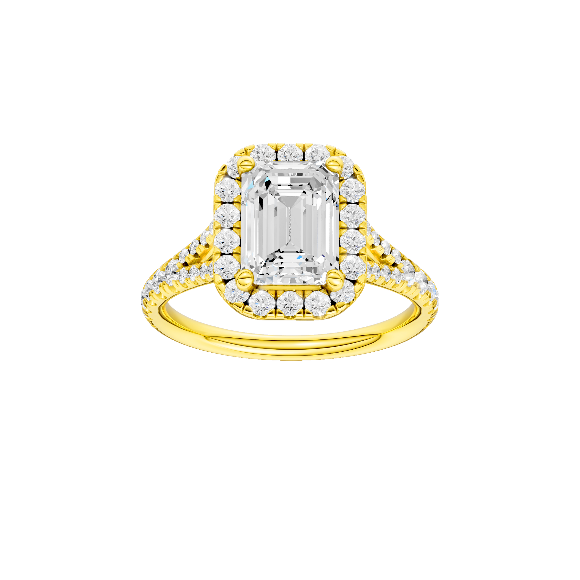 Emerald-cut diamond engagement ring with a prong-set diamond band and halo setting.
