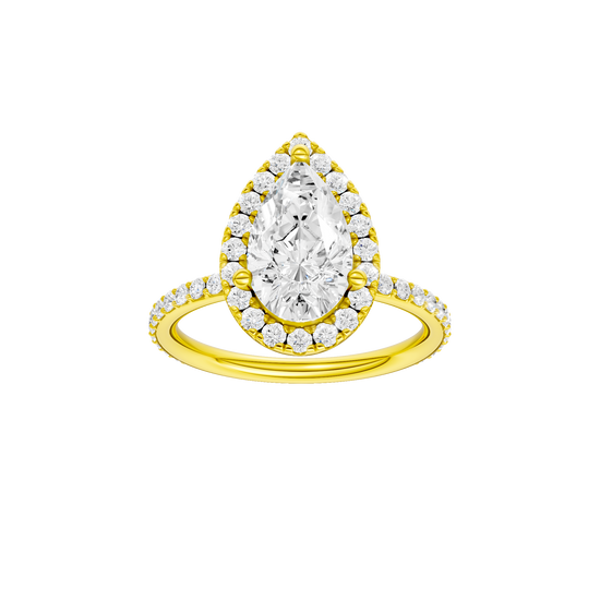Pear-cut diamond engagement ring with a prong-set diamond band and halo setting.
