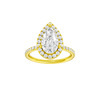 Pear-cut diamond engagement ring with a prong-set diamond band and halo setting.