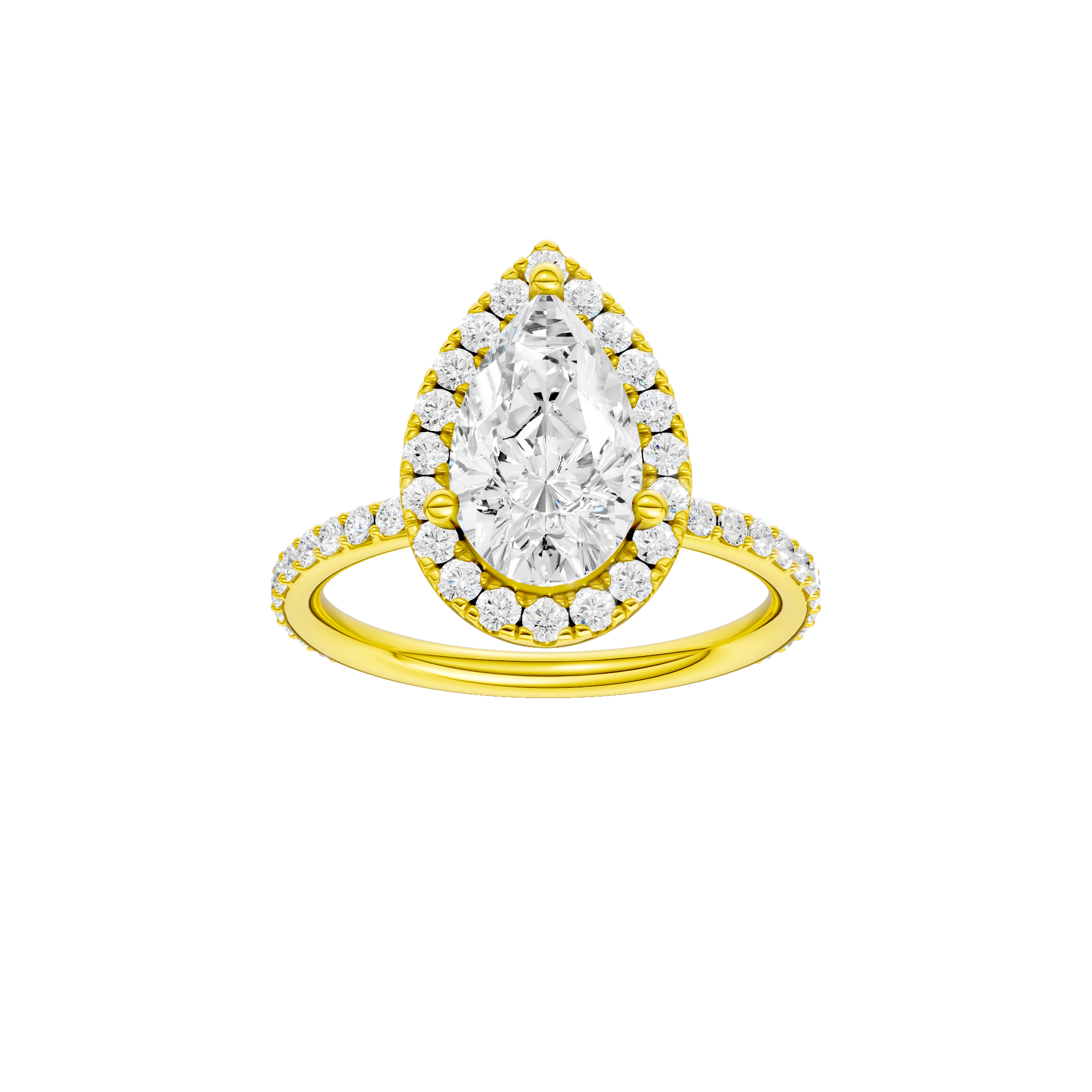 Pear-cut diamond engagement ring with a prong-set diamond band and halo setting.