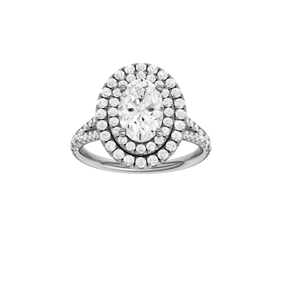 Oval-cut diamond engagement ring with a prong-set diamond band and double-halo setting.