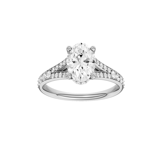 Oval-cut diamond engagement ring with a channel-set diamond band and hidden-halo setting.